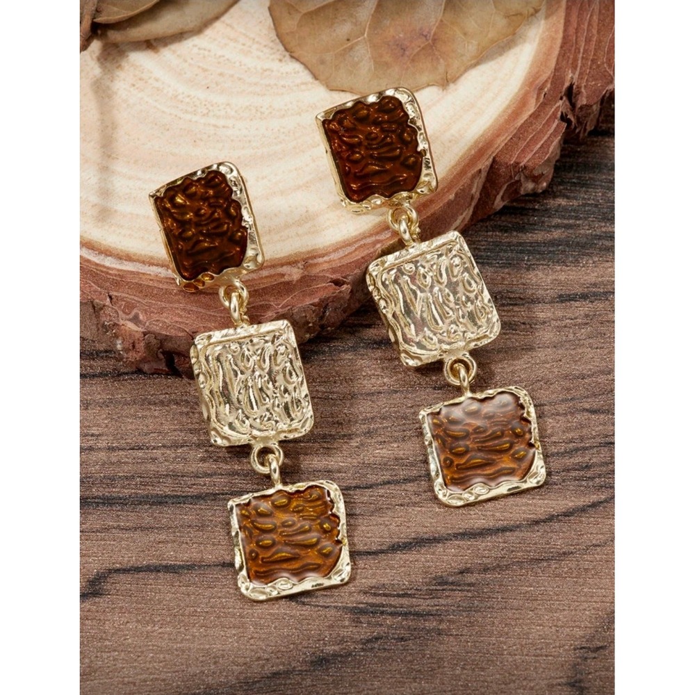 Gold Tone Square Dangle Earrings Brown Amber Textured Stones Women